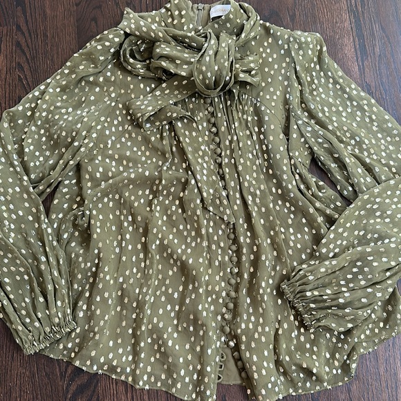 ZIMMERMAN FIL COUP SILK PEASANT BLOUSE KHAKI - Picture 3 of 6
